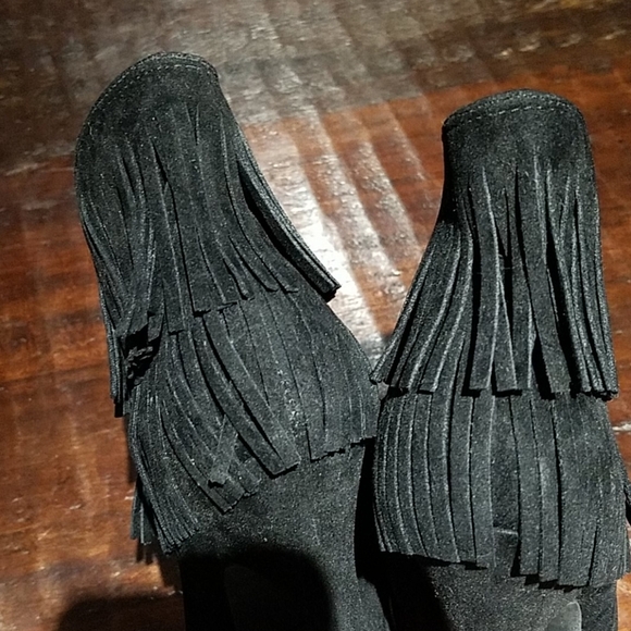 BLACK PLATFORM BOOTIES W FRINGES SUPER HIGH HEELS MOBWIFE CLUBWEAR GOING OUT - Picture 9 of 11